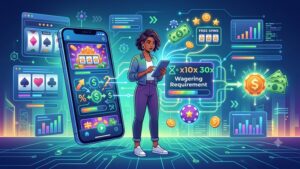 Современная иллюстрация смартфона с бонусными символами и графиками для статьи о требованиях к вейджеру.