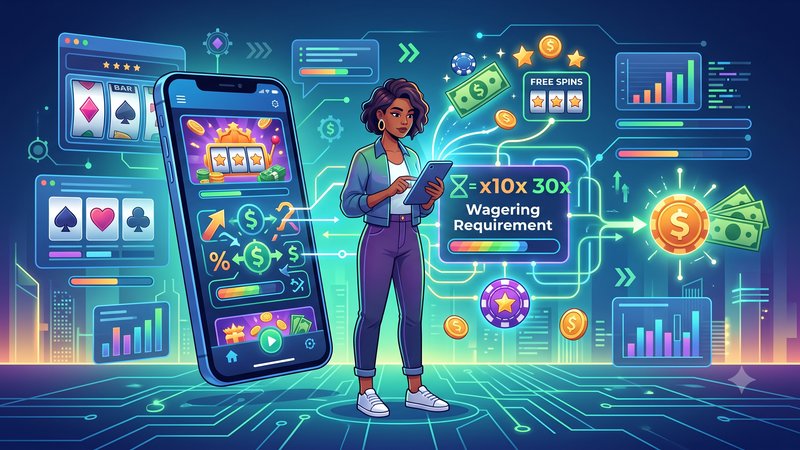 Современная иллюстрация смартфона с бонусными символами и графиками для статьи о требованиях к вейджеру.