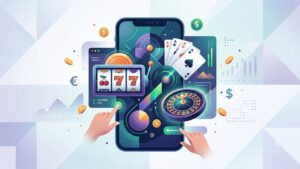 Современная иллюстрация смартфона с элементами онлайн-казино для блога о мобильных гемблинг-приложениях