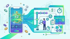 Современная иллюстрация смартфона с иконками казино и бонусов для статьи о требованиях к вейджеру.