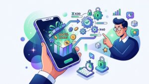 Современная иллюстрация смартфона с иконками бонусов и графиками для статьи о требованиях по отыгрышу.