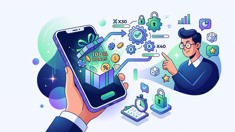 Современная иллюстрация смартфона с иконками бонусов и графиками для статьи о требованиях по отыгрышу.